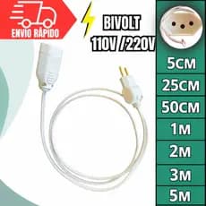 Extensão Elétrica Bivolt Cabo Prolongador Paralelo Bipolar e Tripolar 5Cm/25Cm/50Cm/1,5M/2M/3M/5M