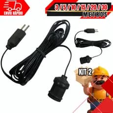 Kit 2 Soquete Com Rabicho Extensor Bivolt 10A Para Tomada Lâmpada 3 / 5 / 10 METROS