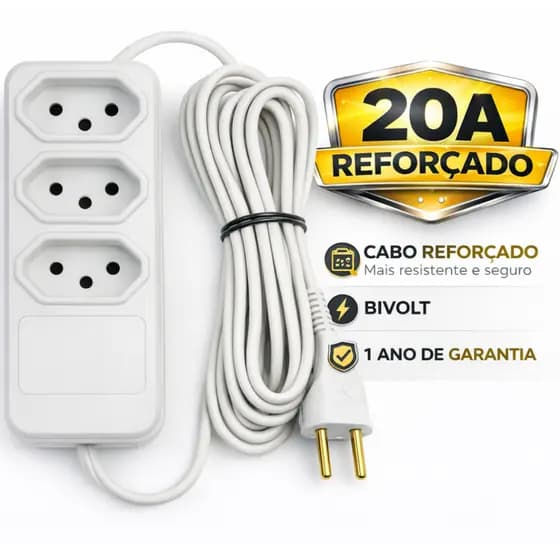 Extensão Elétrica 3 Tomadas 20A Bivolt 110 / 220V Fio Reforçado 1M/2M/3 Metros Para Airfryer Secador