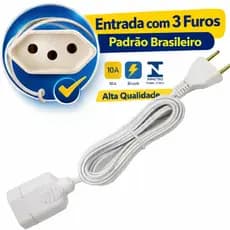 Extensão Elétrica 1 Tomada Reforçada Bivolt 10A Cabo Cordão Prolongador 5Cm/25Cm/50Cm/1,5M/2M/3M/5M