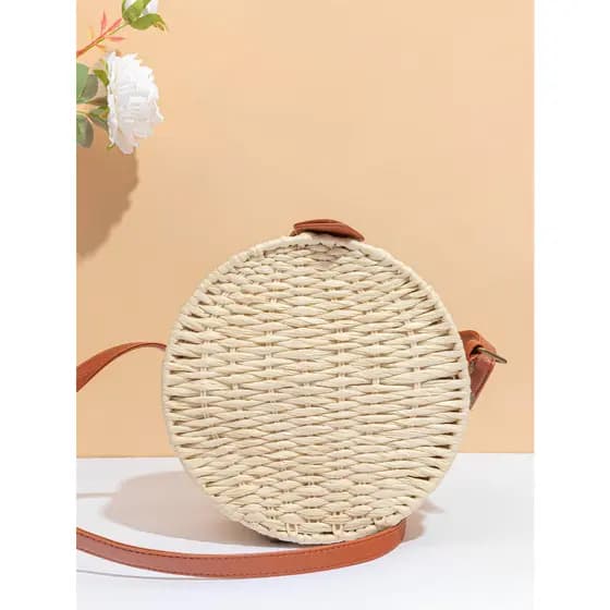 Bolsa Palha Redonda Pequeno Transversal Com Forro Interno e Alça De CouroS-5099