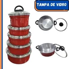 Kit 5 Panelas Cozinha Premium Nacional c/ Tampa de Vidro Teflon Alumínio, Alta Qualidade