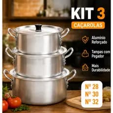 Kit 3 Caçarolas Alumínio Fundido com Tampa N°28 N°30 N°32 | Panela Grande Feijoada Sopa Caldeirão Alta Durabilidade