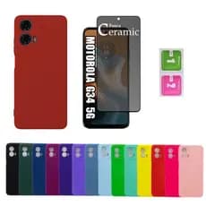 Kit Para Moto G34 Motorola - Película Fosca Privativa + Capa Aveludada Colorida Capinha