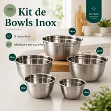 Jogo de Bowl Inox 3/5 Peças Tigela Inox Empilhável 14cm 16cm 20cm 22cm 24cm Gamela Bacia Cozinha
