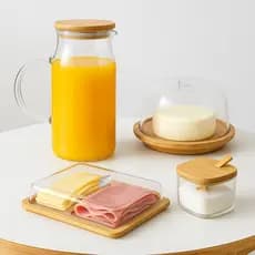Kit Café da Manhã Completo Mesa Posta Bambu Luxo Porta Frios Jarra Açucareiro Porta Queijo 4pç <OU>
