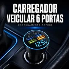 Carregador Veicular 6 Portas Usb C Turbo Celular Universal Carro Carrega Rápido Multiuso