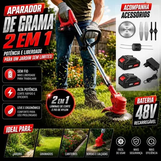 Aparador Roçadeira Elétrica De Grama Nakasaki  A Bateria 48V 1580w Corte de Grama e Mato