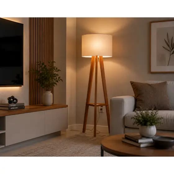 Luminária Abajur De Chão  Madeira Sala Quarto Decoração Moderna Led Design Elegante Base Madeira