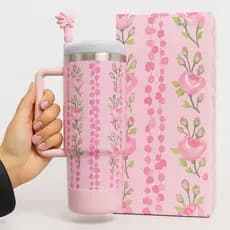 Garrafa Térmica Floral com Canudo 1,200ml  - Aço Inoxidável
