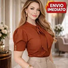 Blusa Feminina TERRA COTA Elegante Social Manga Curta com Laço no Pescoço Moda Executiva Luxo