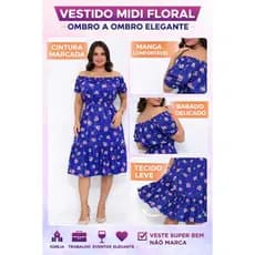 Vestido Midi Floral Feminino Ombro a Ombro Cintura Alta Manga Curta Vestido Evangélico Social Elegante com Babado Moda F