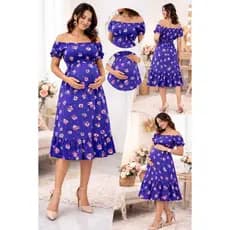 Vestido Gestante Floral Midi Ombro a Ombro Moda Evangélica Feminino Soltinho Rodado Confortável Gravidez Ensaio Gestante