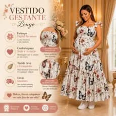 Vestido Longo Feminino Lastec no Busto Midi BORBOLETAS Casual Elegante Moda Evangélica Gestante Confortável
