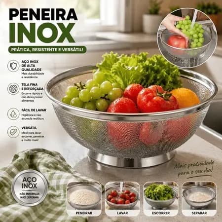 Escorredor de Macarrão Inox Grande Escorredor de Massa 24cm Inox Lava Macarrão e Arroz Multiuso