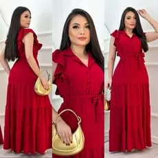 VESTIDO LONGO COM DETALHES DE BOTÃO GOLA V E BABADOS NA MANGA - MODA EVANGÉLICA