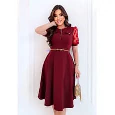 Vestido Godê - com cinto manga de tule, moda evangélica.