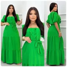 VESTIDO LONGO COM DETALHES DE BOTÃO GOLA QUADRADA MANGA 3/4 COM ELÁSTICO E FAIXA - MODA EVANGÉLICA