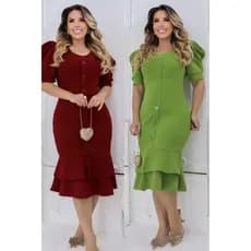 Vestido com manga princesa com detalhes de Botão - Moda Evangélica