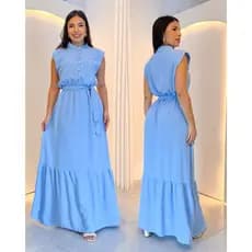 VESTIDO LONGO COM DETALHES DE BOTÃO MANGA OMBREIRA E FAIXA - MODA EVANGÉLICA