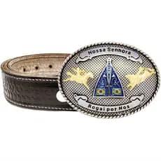 Cinto De Couro Country Fivela Nossa Senhora Aparecida Redonda Prata Cowboy CV