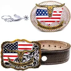 Kit Adulto Cinto Couro American Longhorn + Fivela Country + Chaveiro Estribo