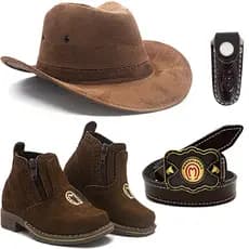 Kit Infantil Country Chapéu Camurça Botina Cinto Fivela E Bainha De Couro