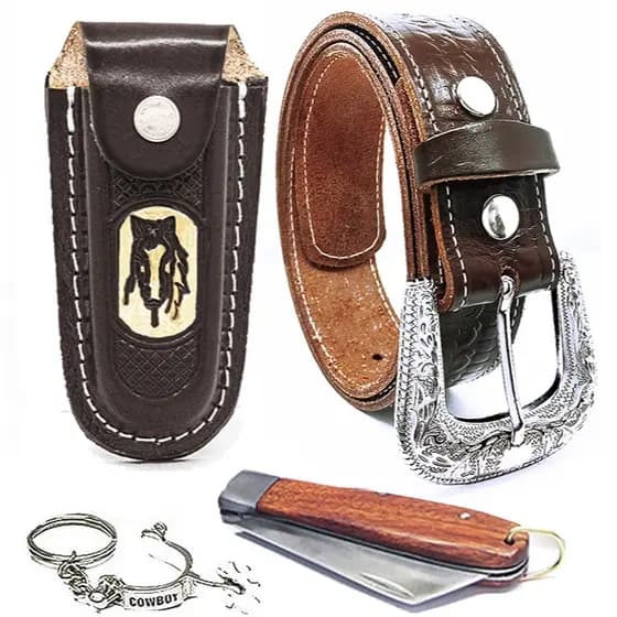 Kit Country Cinto De Couro Legítimo Bainha C/ Canivete Cavalo Peão