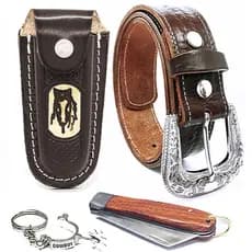 Kit Country Cinto De Couro Legítimo Bainha C/ Canivete Cavalo Peão