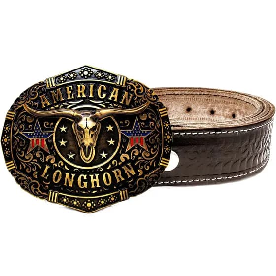 Fivela Adulto American Longhorn Original Cowboy + Cinto Country Couro Legitimo
