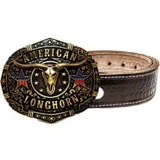 Fivela Adulto American Longhorn Original Cowboy + Cinto Country Couro Legitimo