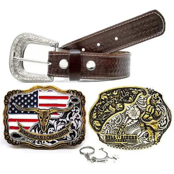 Kit Country Adulto Cinto De Couro + 2 Fivelas Country American + Chaveiro