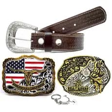 Kit Country Adulto Cinto De Couro + 2 Fivelas Country American + Chaveiro