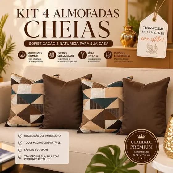 KITc\ 4 ALMOFADAS DECORATIVAS CHEIAS OU ALMOFADA AVULSA SALA OU SOFÁ ENCHIMENTO FIBRA ECOLÓGICA DECORAÇÃO PREMIUM