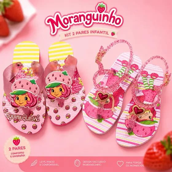 Kit 2 Pares Moranguinho Rosa Personagens Chinelo e Sandália Infantil Menina Confortável Estampado Promoção Envio Rápido