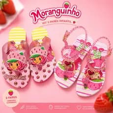 Kit 2 Pares Moranguinho Rosa Personagens Chinelo e Sandália Infantil Menina Confortável Estampado Promoção Envio Rápido