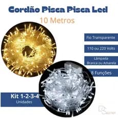 Kit Cordão Pisca Pisca Led 100 lâmpadas Branca /Amarela Fio Transparente 10Metros