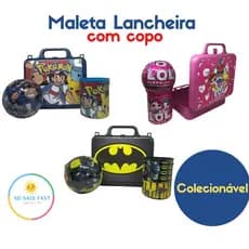 Maleta Lancheira com Copo e Bola Surpresa Infantil – Kit 3 em 1 | Temas LOL, Batman e Pokémon