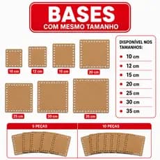 Bases Quadradas em MDF 3mm Cantos Quadrados Kit com 5 Unidades para Cestos Crochê e Artesanato