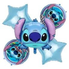 Kit c/6 Balão Metalizado Cabeça Stitch 70cm+ Redondo Claro 45cm+ Estrelas + Número Festa Decoração Enfeite