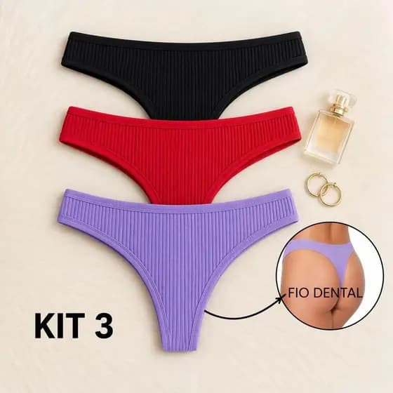 Kit 3 Tangas Fio Caneladas com Forro  de  Algodão  –  Conforto,  Respirável,  Não Marca e Uso Diário