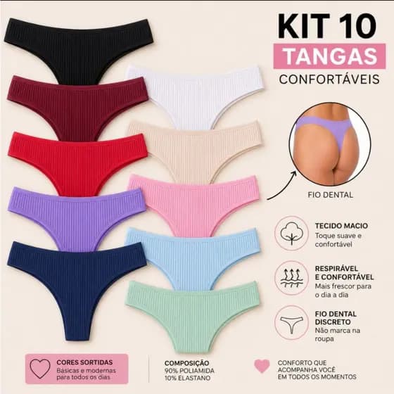 Kit 10 Tangas Fio Caneladas com Forro de  Algodão  –  Conforto,  Respirável,  Não Marca e Uso Diário
