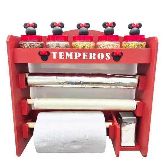 Porta tempero Minnie com 5 potes decorados com biscuit suporte para temperos