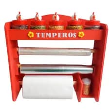Porta tempero de parede com 5 potes decorados com biscuit galinha