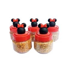 Kit com 5 potes de plástico decorados com biscuit para tempero ou lembrancinha de festa