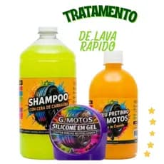 Kit Lavagem Automotiva Carro Moto 1 Shampoo Concentrado 1L+ Silicone Em GEl+1 Pneu Pretinho Baba De Camelo 500ml G Motos