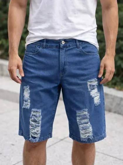 Bermuda Jeans Masculina Destroyed Short Rasgado 100% Algodão
