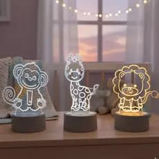 Luminárias 3D Led Infantil Animal Leao Macaco Girafa Abajur de Mesa Safari Varias Cores Decoraçao