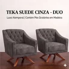 Kit 2 Poltronas Decorativas Teka Giratórias Suede Cinza Moderna