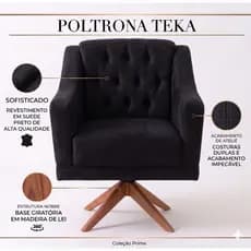 Kit 2 Poltronas Decorativas Teka Giratórias Suede Preto Moderna